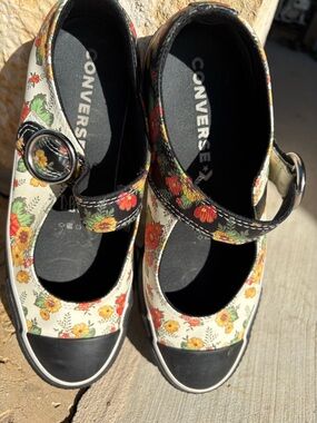 Converse Floral Mary Jane Sneakers - Cream with Black, Orange & Yellow Accents